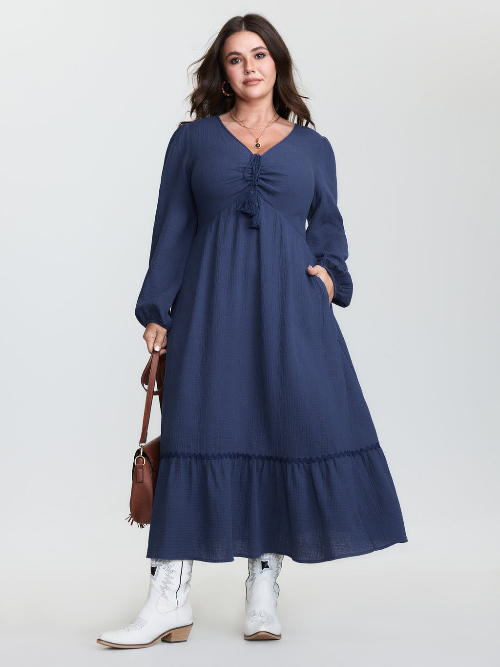 Cotton Ruched Drawstring Neckline Tiered Midi Dress