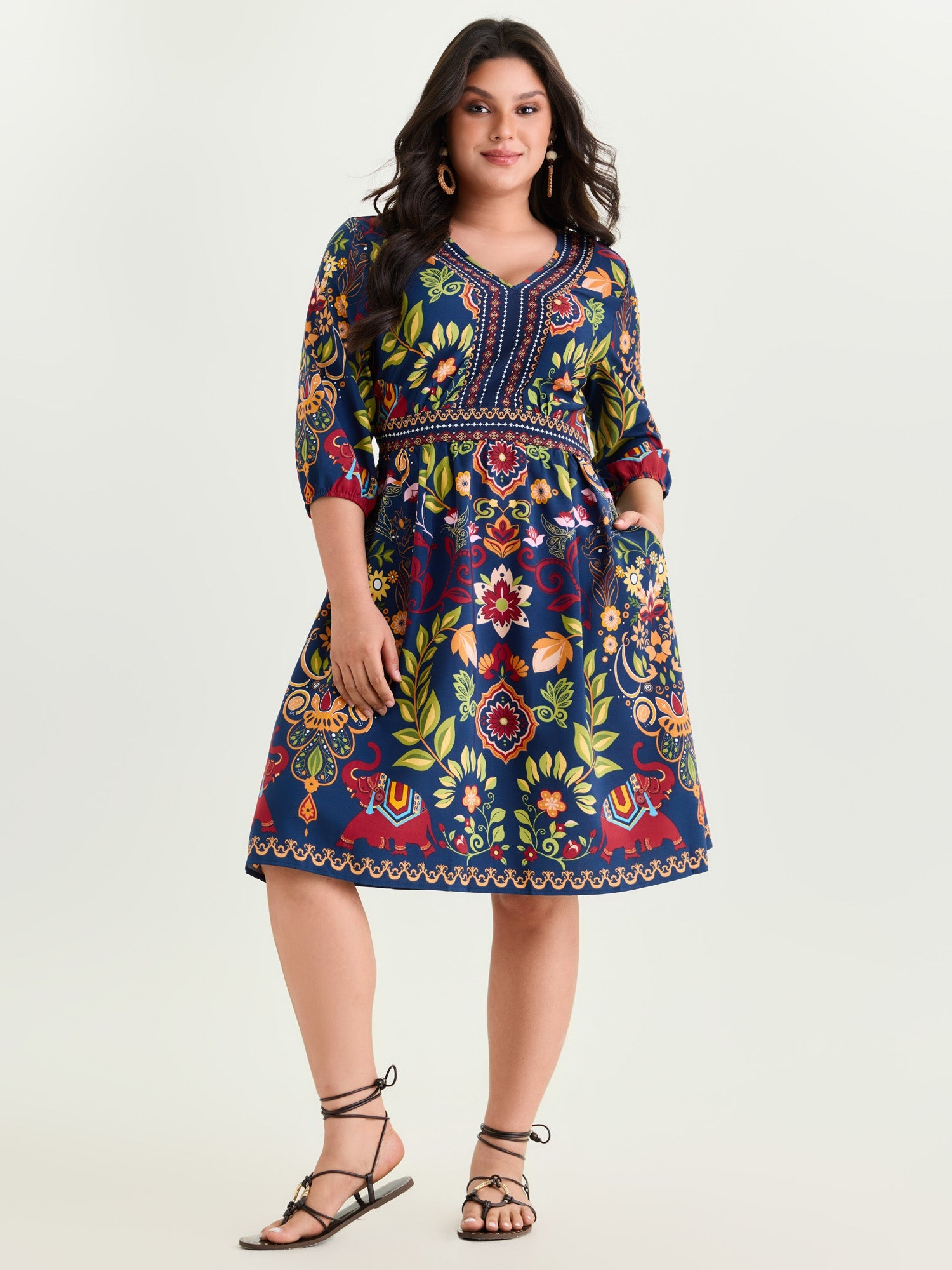 Boho Print V-Neck Pockets Mini Dress