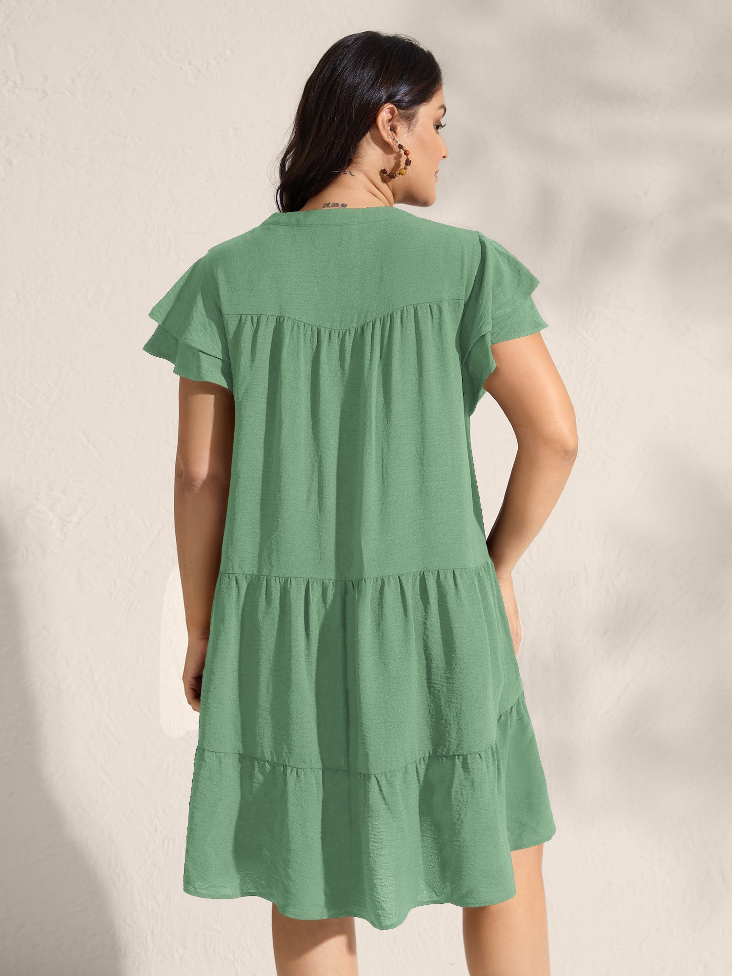 Embroidered Neckline A-Line Ruffled Knee-Length Dress