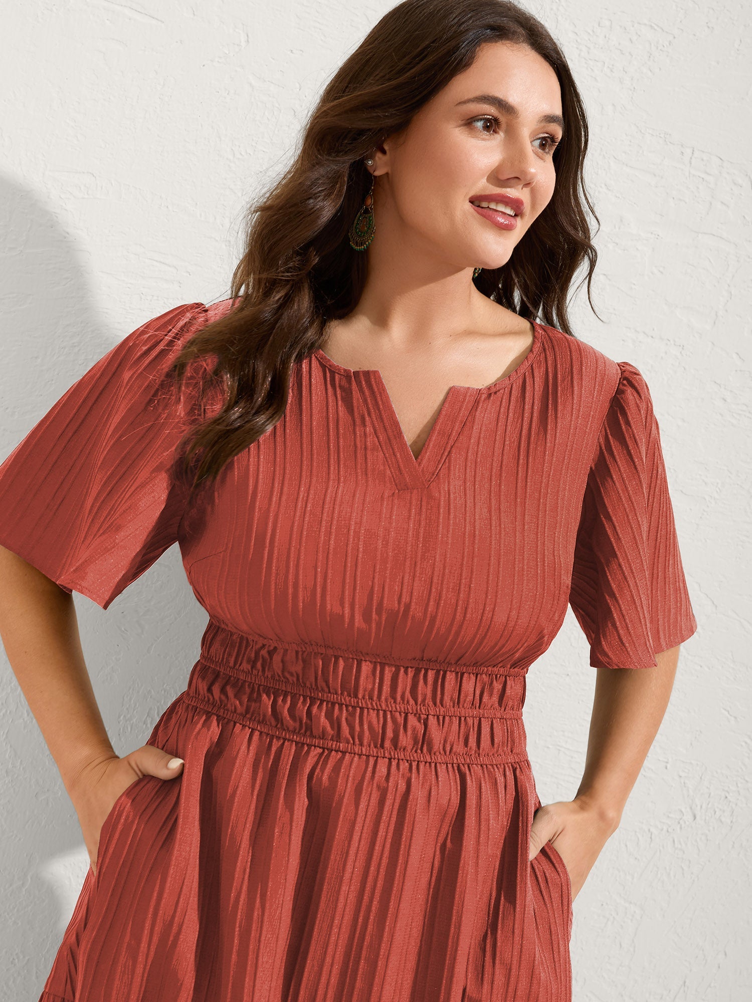 Textured Shirred Cinched Waist Maxi Dress