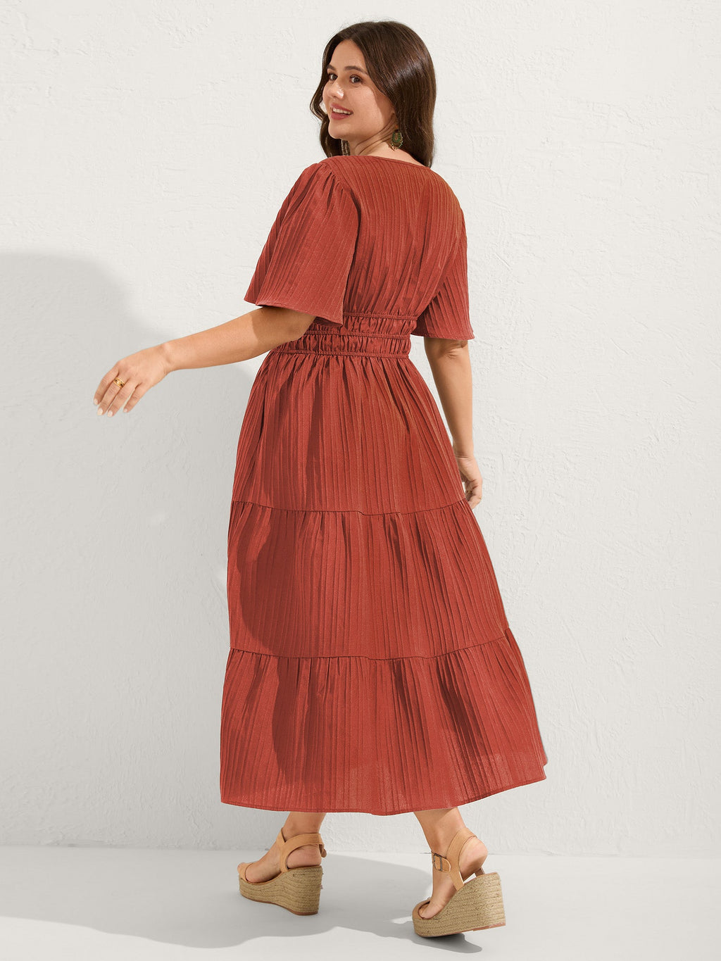Textured Shirred Cinched Waist Maxi Dress