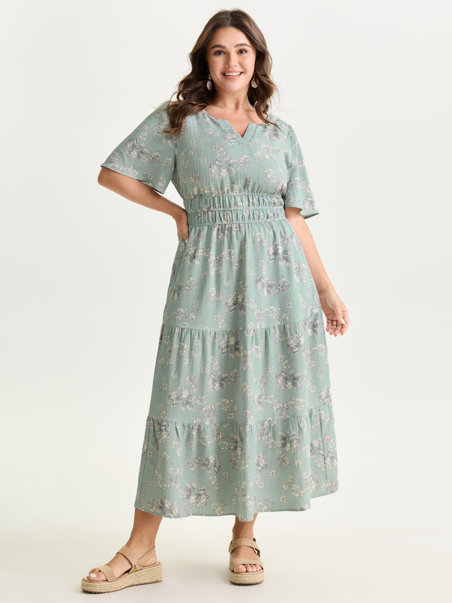 Textured Shirred Cinched Waist Maxi Dress