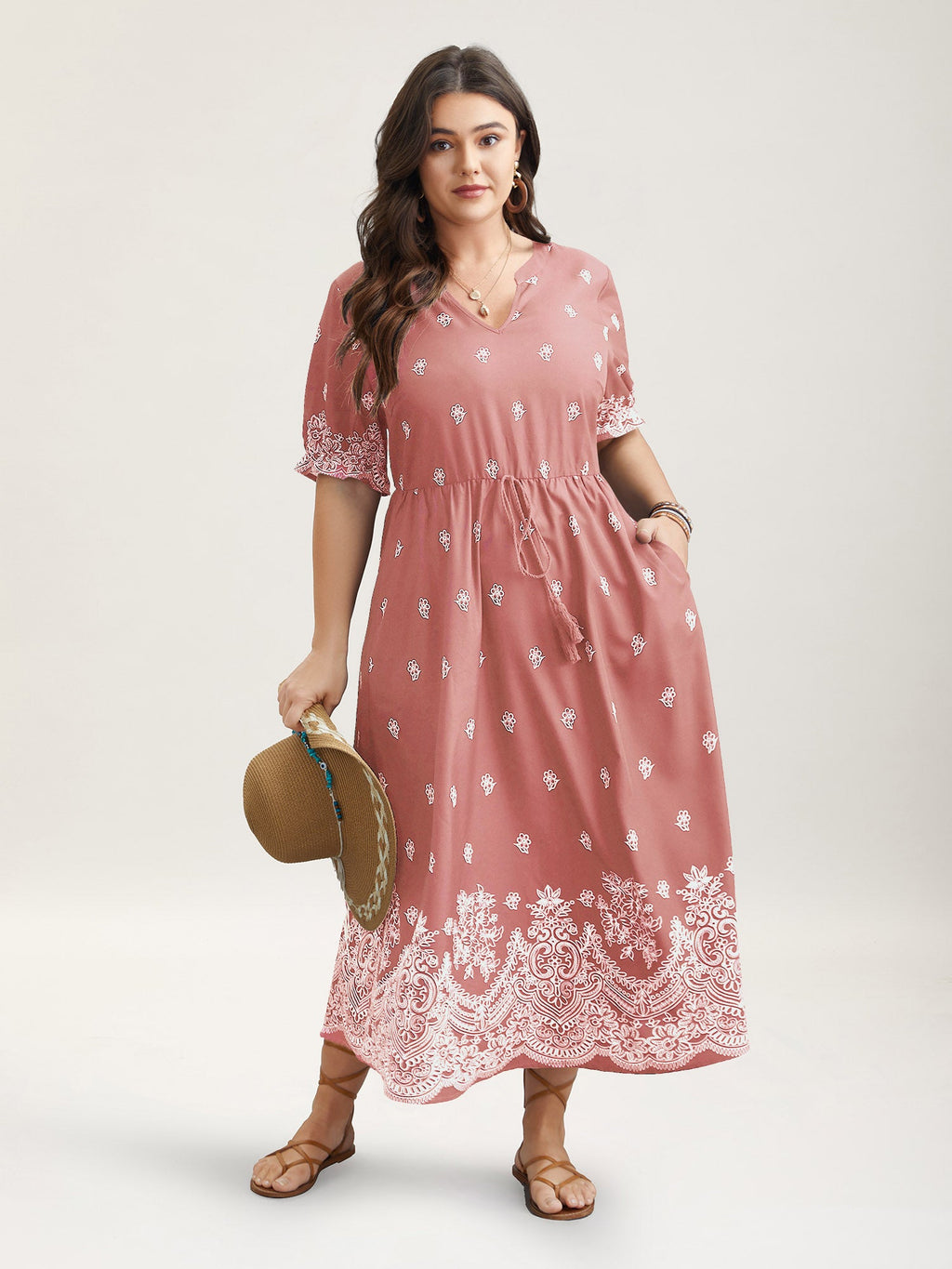 Floral Waist-Tie Notched Collar Midi Dress
