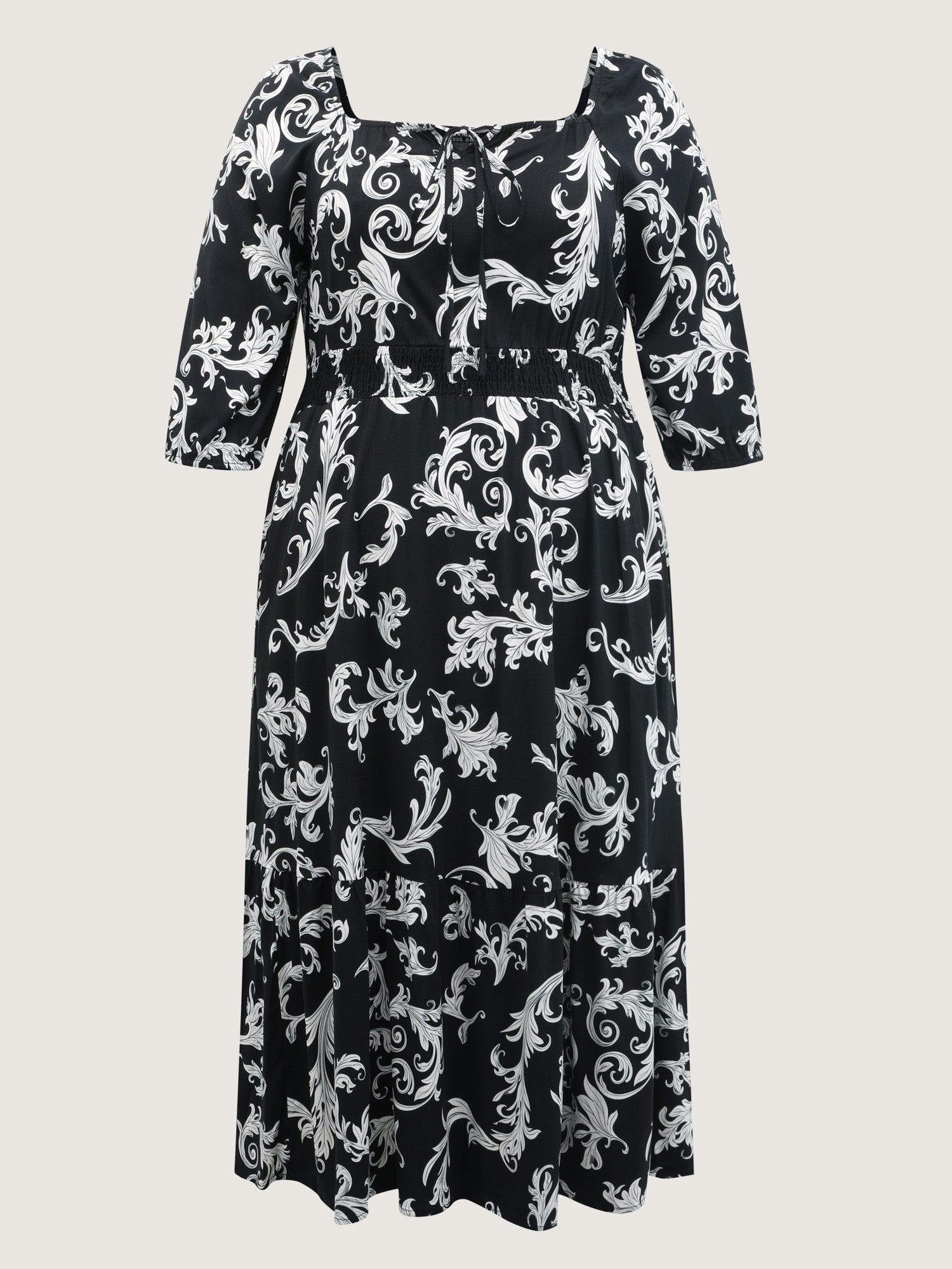 Scroll Pattern Adjustable Drawstring Pockets Midi Dress