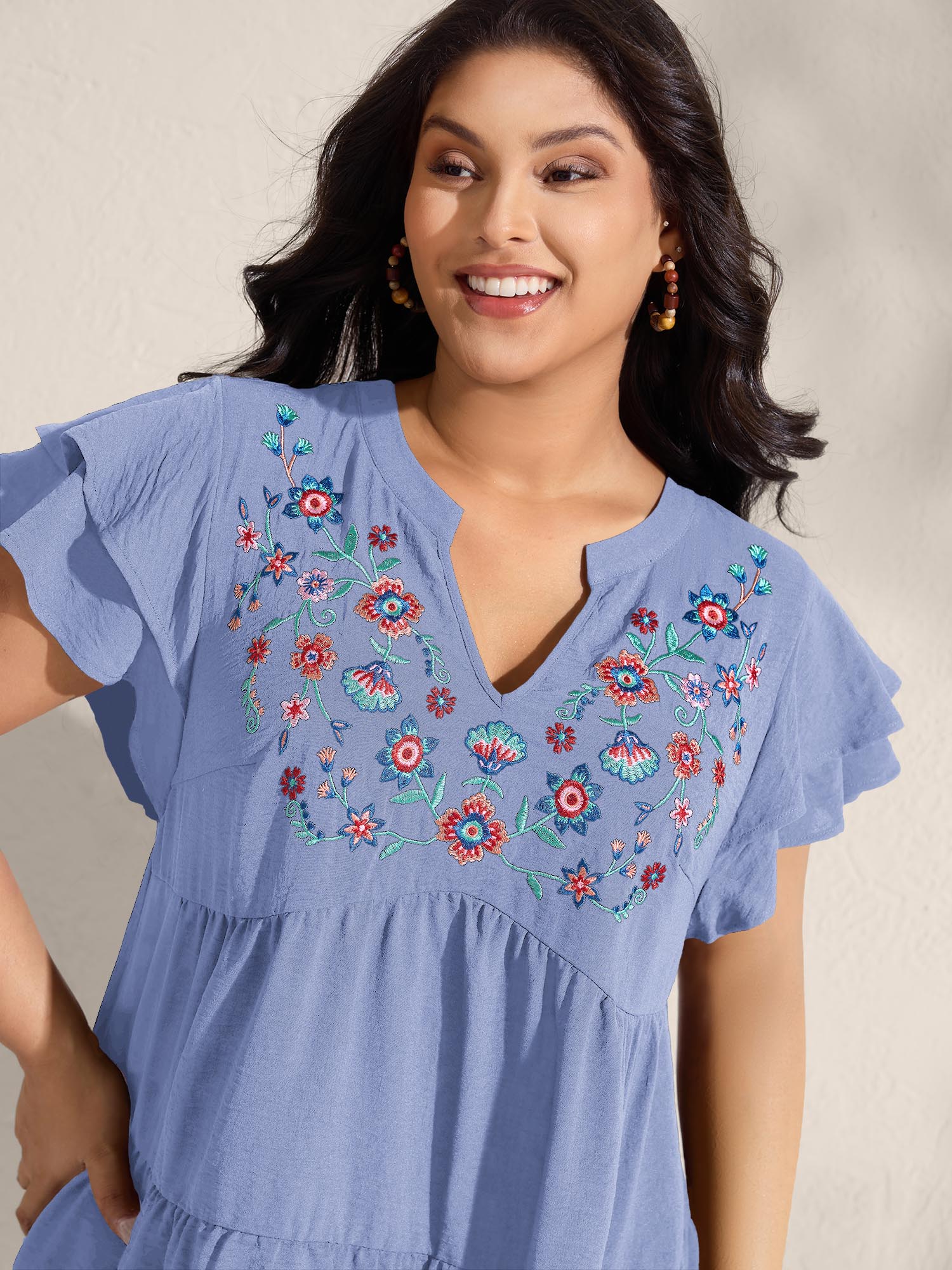 Embroidered Neckline A-Line Ruffled Knee-Length Dress