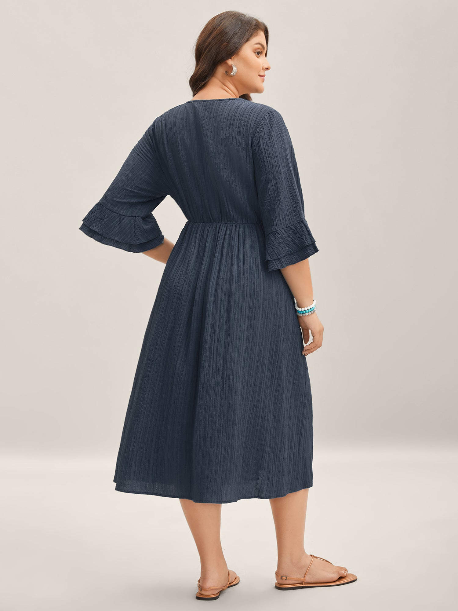 Scalloped Lace Surplice Ruffled Midi Dress