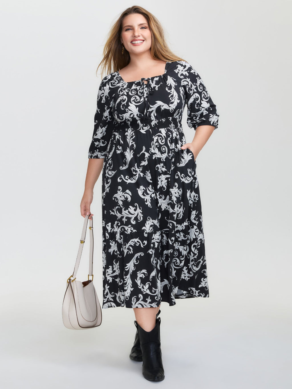 Scroll Pattern Adjustable Drawstring Pockets Midi Dress