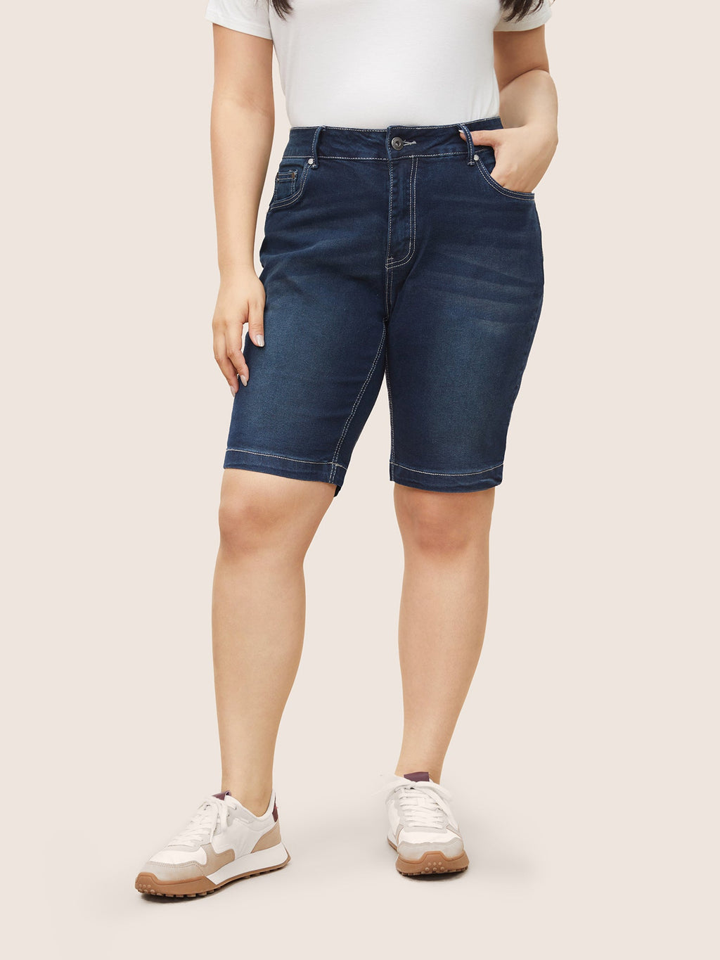 High Rise Knee-Length Skinny-Fit Denim Shorts