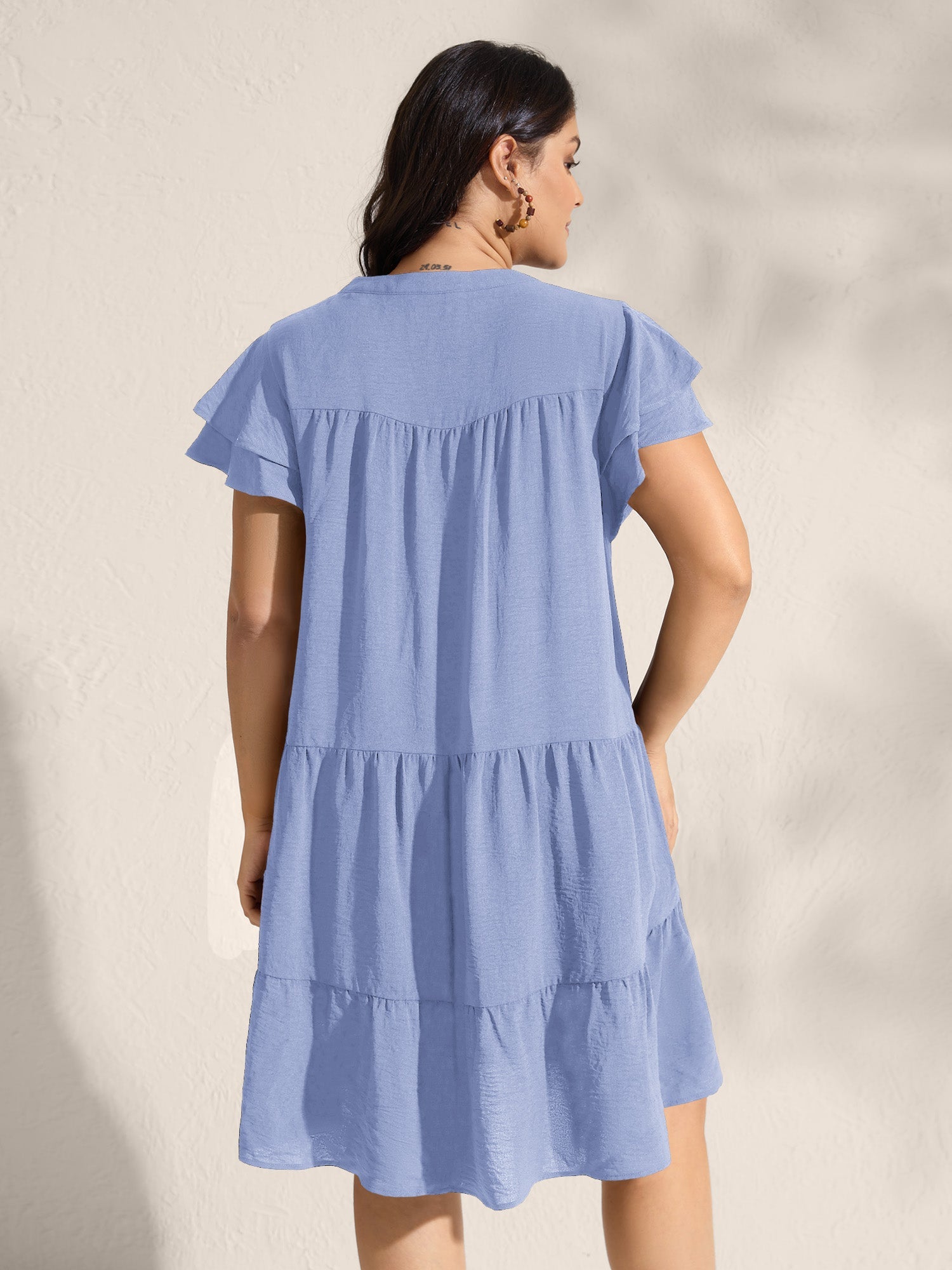 Embroidered Neckline A-Line Ruffled Knee-Length Dress