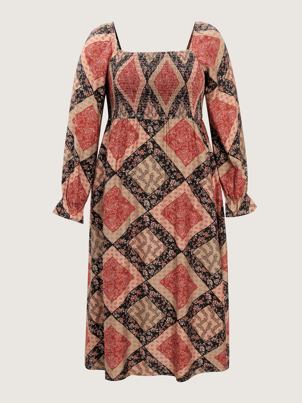 Geometric Print Shirred Bodice Midi Dress