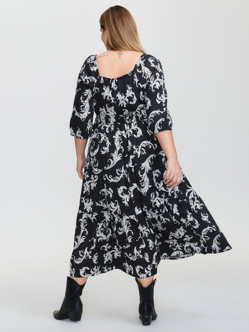 Scroll Pattern Adjustable Drawstring Pockets Midi Dress