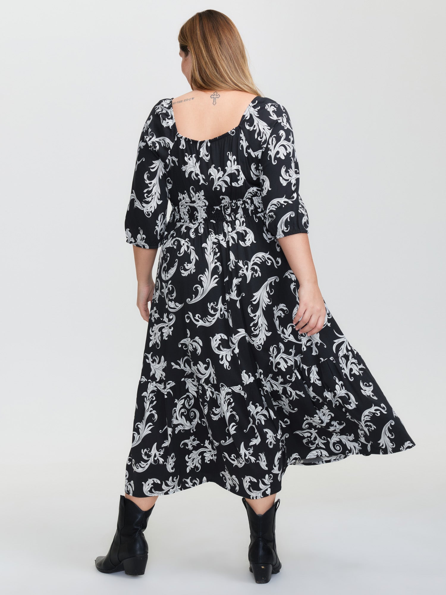 Scroll Pattern Adjustable Drawstring Pockets Midi Dress