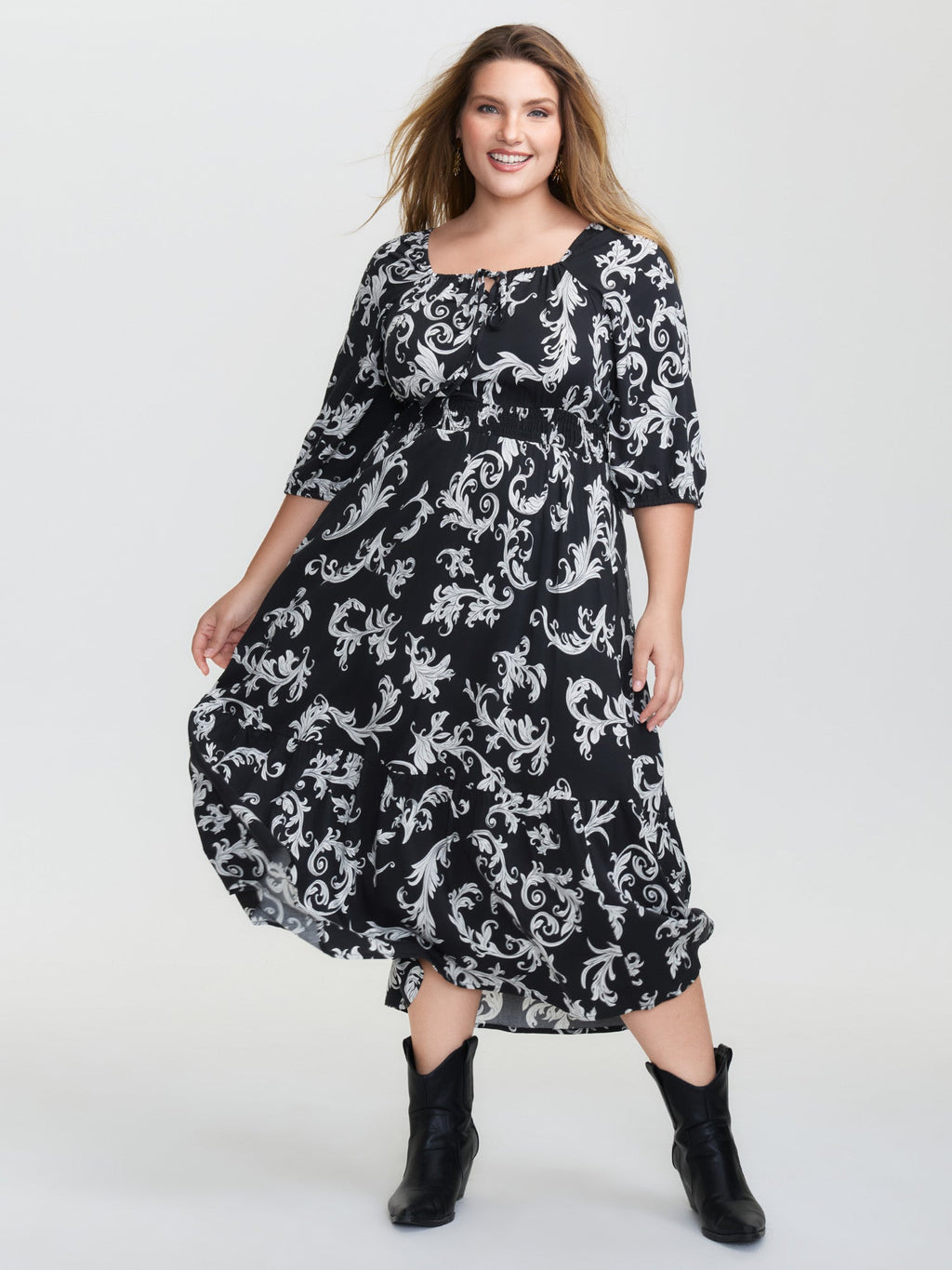 Scroll Pattern Adjustable Drawstring Pockets Midi Dress
