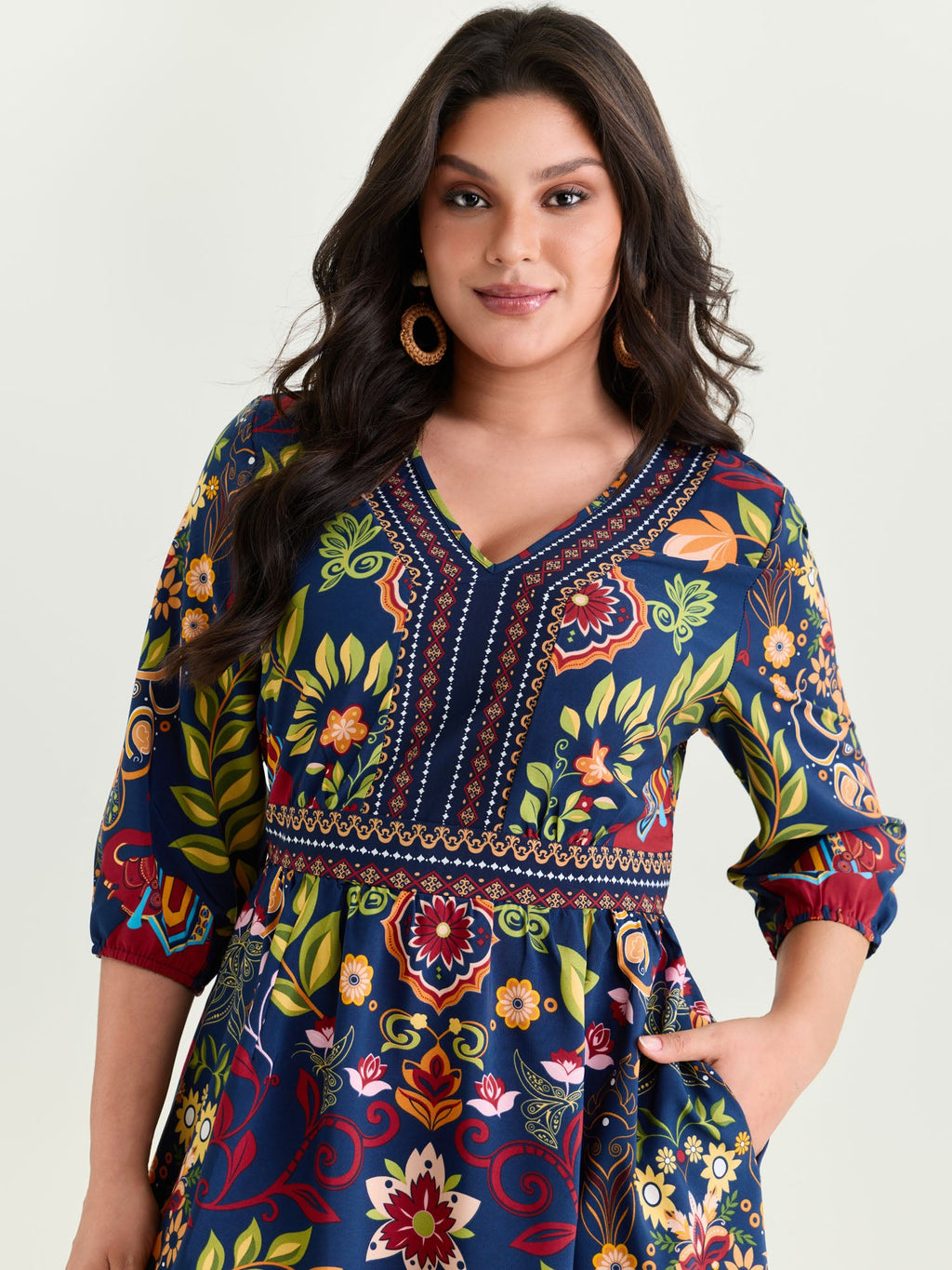 Boho Print V-Neck Pockets Mini Dress