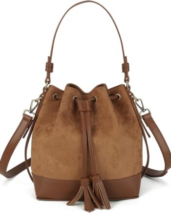 Faux Suede Bucket Bag for Women Drawstring Crossbody Purse Medium Tote Handbag with Dual Shoulder Straps and Removable Long Strap