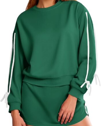 Women 2-piece outfit crewneck sweatshirt tie waist skort workout casual tracksuit set