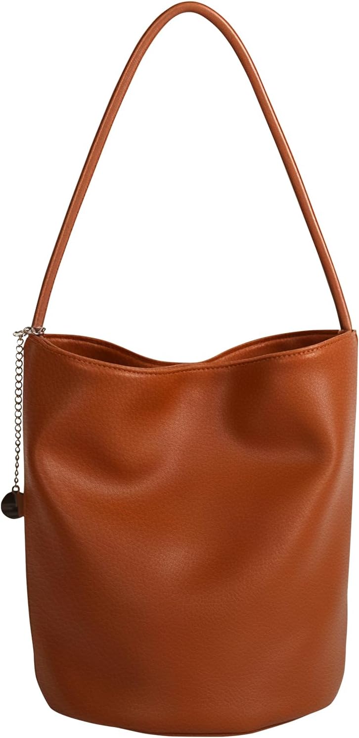 Soft Leather Bucket Bag for Women Shoulder Purse with Handle and Zipper Pocket Commuter Tote Design