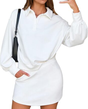Women two-piece set polo sweatshirt skort matching tennis skirt workout tracksuit outfit
