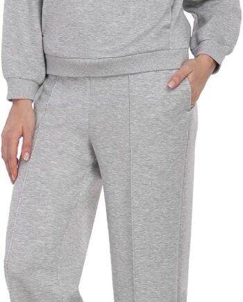 Women 2-piece outfit long sleeve pullover top with pocket and wide leg sweatpants