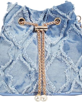 Denim Quilted Bucket Bag for Women Drawstring Shoulder Handbag with Chain Strap and Crossbody Design