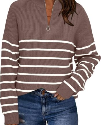 Women’s Quarter Zip Striped Oversized Mock Neck Sweater