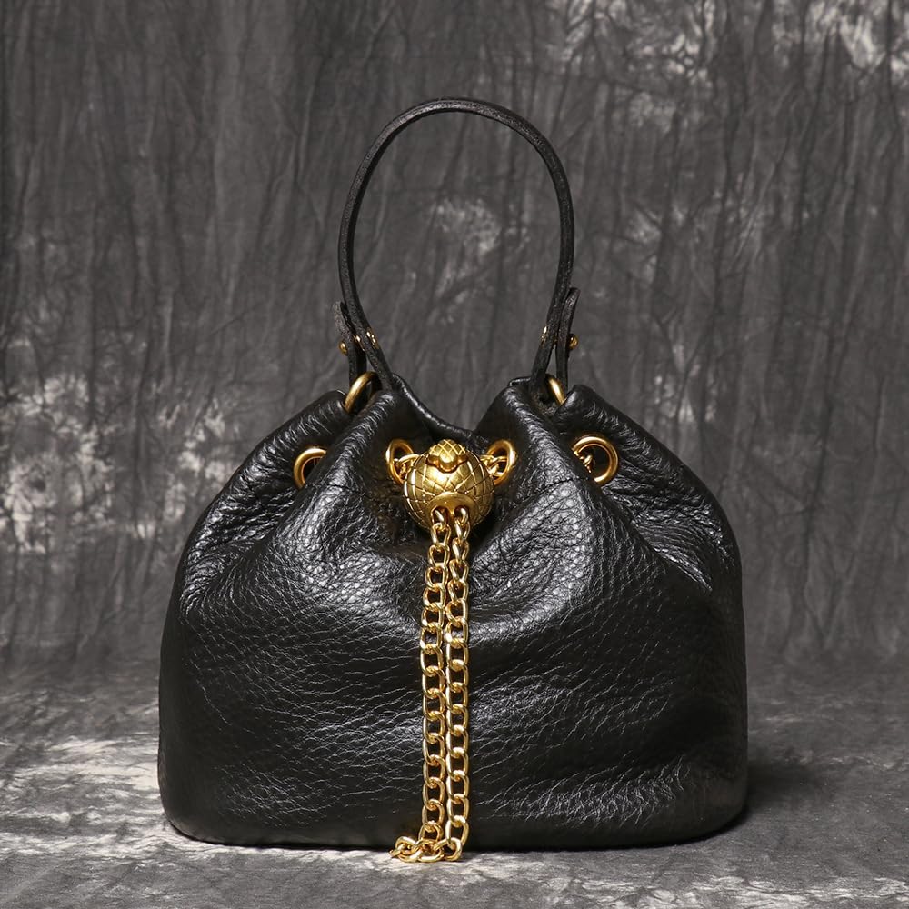 Genuine Leather Bucket Shoulder Bag for Women with Chain Strap and Elegant Crossbody Style