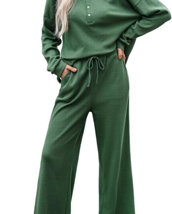 Women 2-piece outfit knit long sleeve button top and wide leg lounge pants set