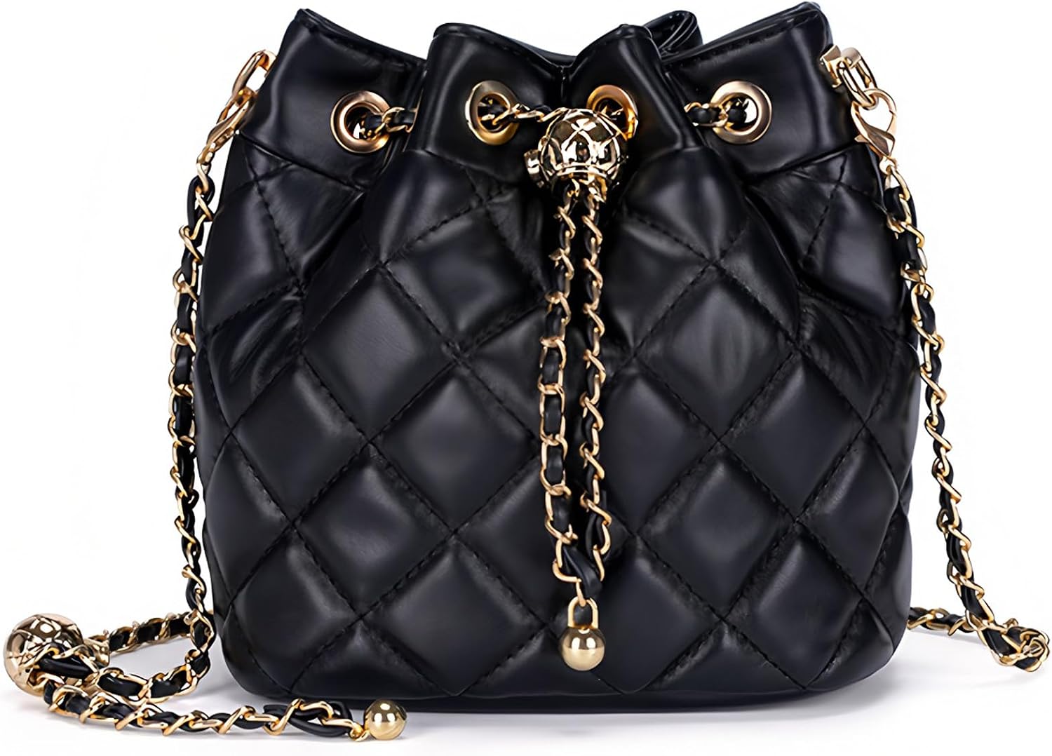 Women’s Quilted Bucket Bag Leather Chain Shoulder Purse Crossbody Handbag