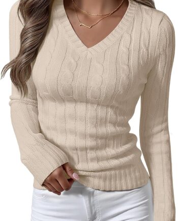 Women’s Long Sleeve Cable Knit V Neck Sweater Casual Pullover Top