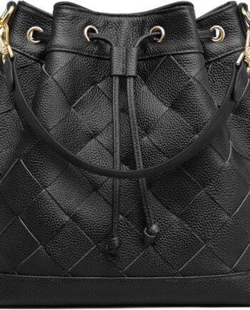 Woven Leather Bucket Bag for Women Drawstring Crossbody  Shoulder Purse with Dual Straps